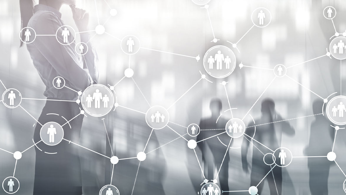 stockphoto business people with networking illustration overlay